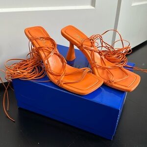 Zara tied heeled leather lace up sandal heels in orange size 37
